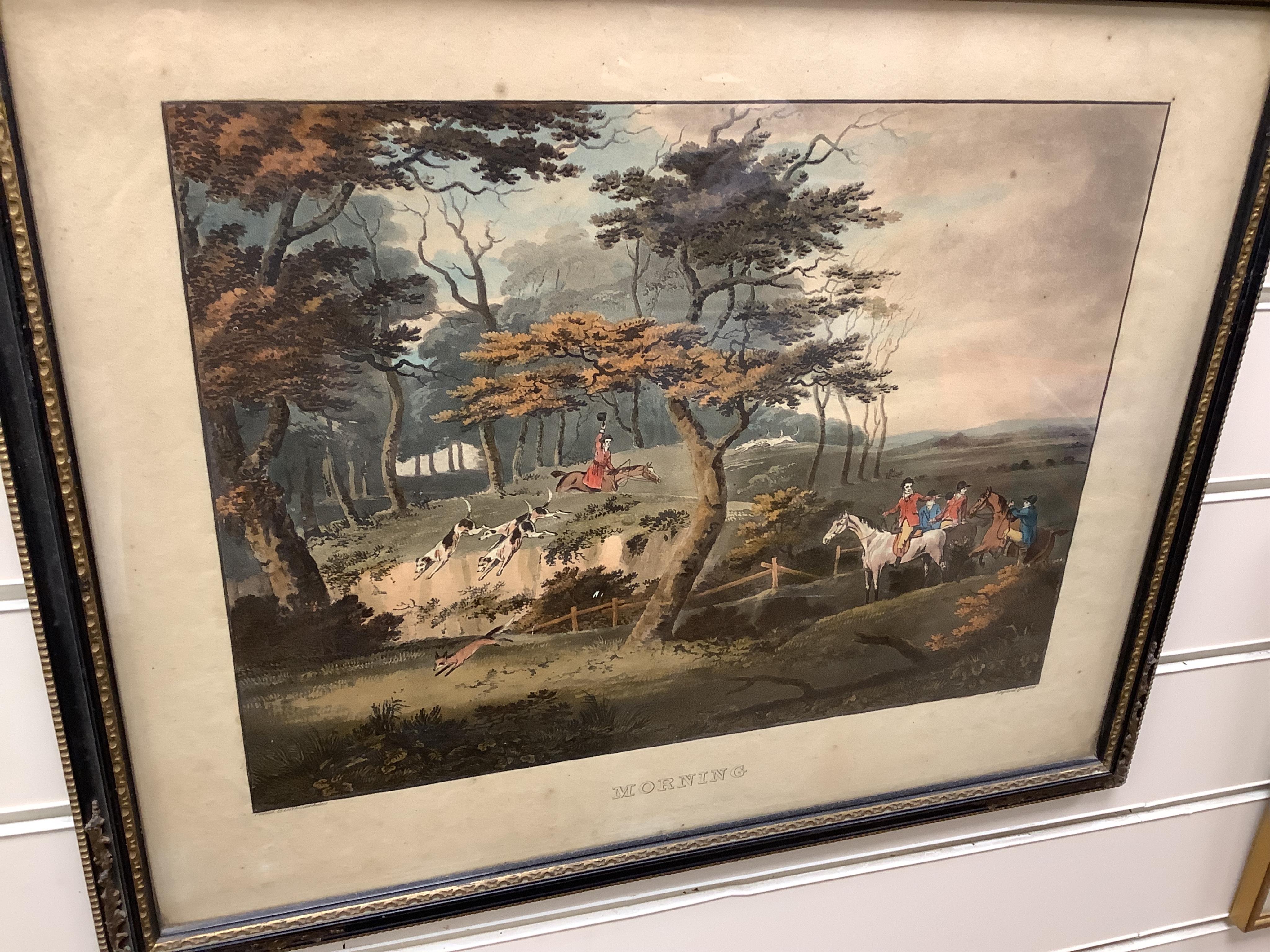 After Dean Wolstenholme (1757-1837) and Edward Hull, eight hunting interest lithographs to include: 'Unkenneling', 'Breaking cover', 'Morning' and 'Afternoon', 32 x 42cm